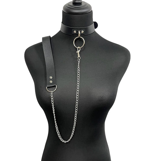 Women PU Leather Choker with Chain Handmade Breathless Collar with Chain Fashionable Handmade Leather Chain Collar and Leash