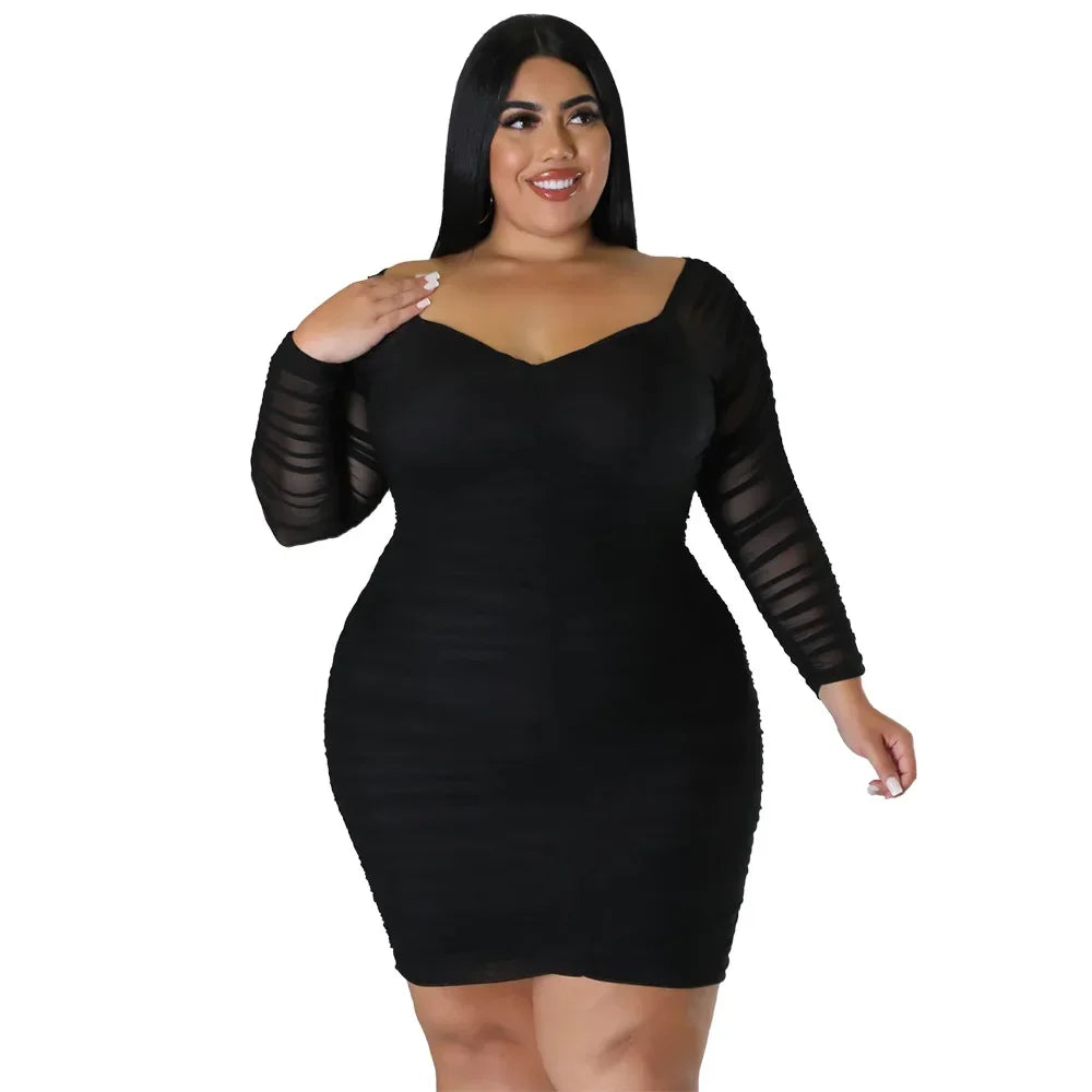 Plus Size N7697 Autumn New Women's Dress Sexy Nightclub Style Wrap Chest Spliced Mesh Sleeves Covering Buttock Clothing