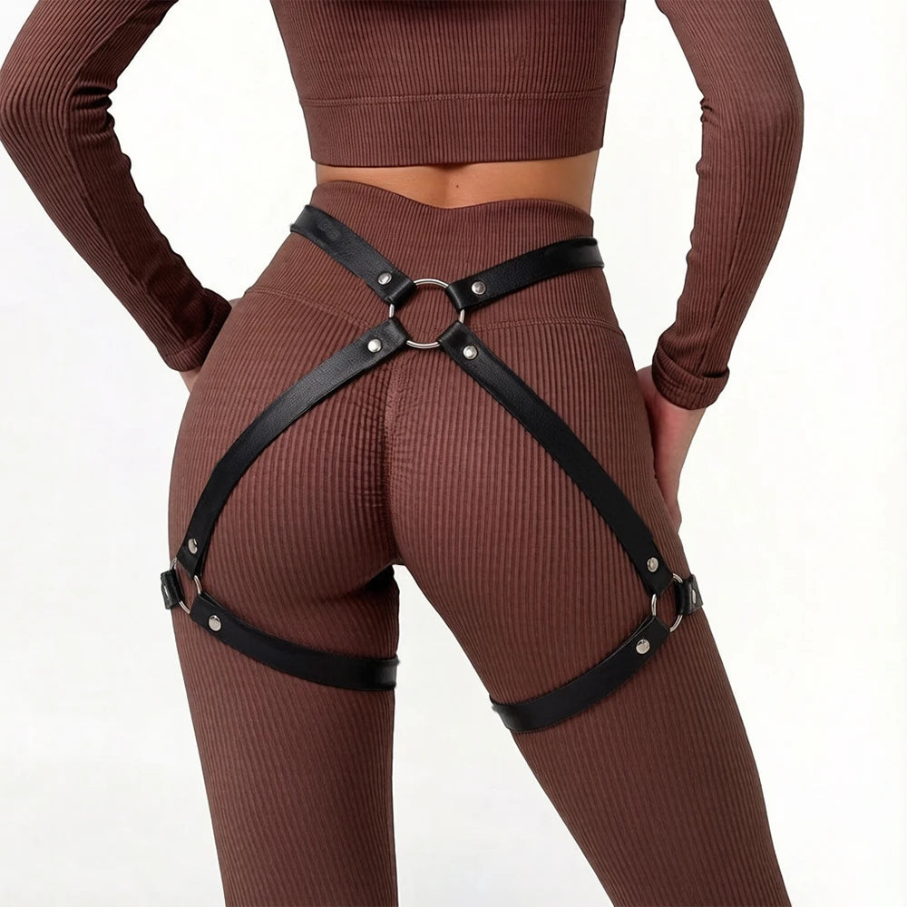 Women Fashion Harness Punk Leg Harness PU Leather Adjustable Studded Decor Thigh Garter Belt Gothic Clothing Accessories