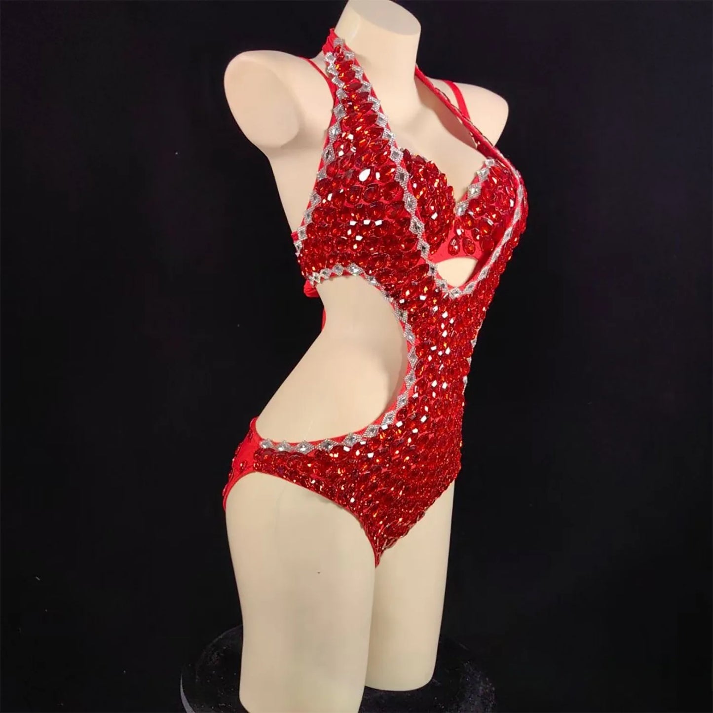 Women Luxury Rhinestones Beading Bodysuits Stage Costumes Sexy Sparkly Halter Bra Bikini Showgirls Dress Special Occassion