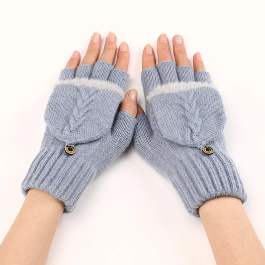 Fingers Free Wool Gloves Women Knitted Flip Fingerless Exposed Finger Thick Glove Mittens Winter Warm Thickening Women Mitts