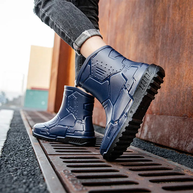 2024 Men Ankle Platform Rain Boots Spring New Fashion Nonslip Waterproof Shoes Solid Color Middle Barrel Rainboots Fishing Shoes