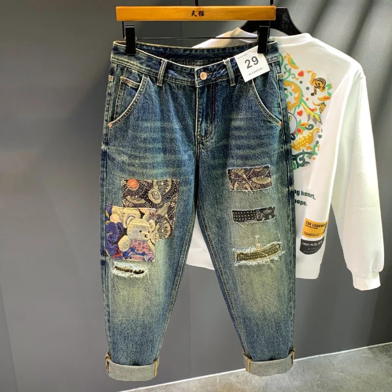 High Street Trendy Marke Retro Distressed Loose Harlan Jeans Herren Frühling und Herbst Neue personalisierte trendige Patch lange Hosen Me