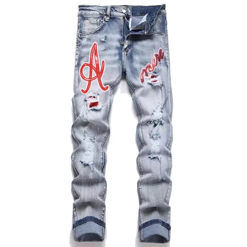Men's Hip-Hop Style Distressed Holes Jeans Wash Ripped Pants with Red Embroidered Patches Casual Trendy Streetwear Trousers
