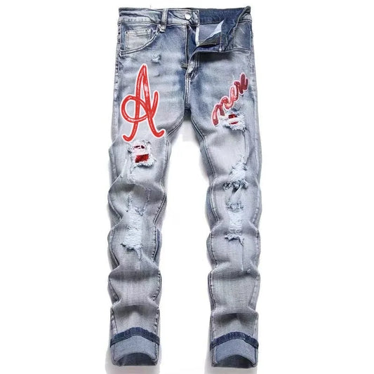 Men's Hip-Hop Style Distressed Holes Jeans Wash Ripped Pants with Red Embroidered Patches Casual Trendy Streetwear Trousers