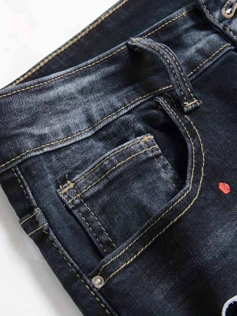 Men Y2K Stretchy Denim Jeans Ripped Skinny Letter Print Elastic Waist Casual Pants for Men Hole Slim Fit Denim Hip Hop Trousers