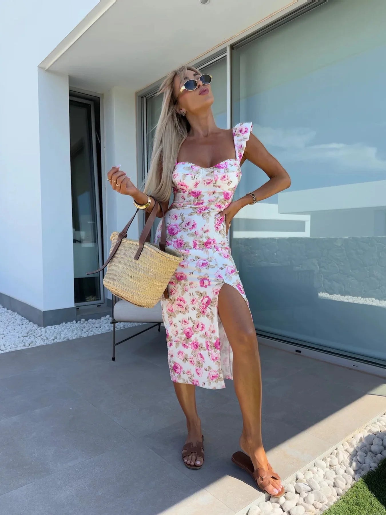 Summer new elegant design French floral camisole split midi dress for women