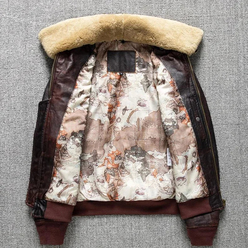 Air Force Flight Jacket Fur Collar Genuine Top Layer Cow Leather Jacket Men Brown Cowhide Men's Winter Military G1 Jacket 6XL