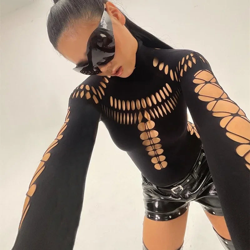 Candyhot Sexy Hollow Out High Collar Bodysuit Bodycon Y2K Long Sleeves Fashion T Shirts Women Gothic Punk Streetwear Bodysuits