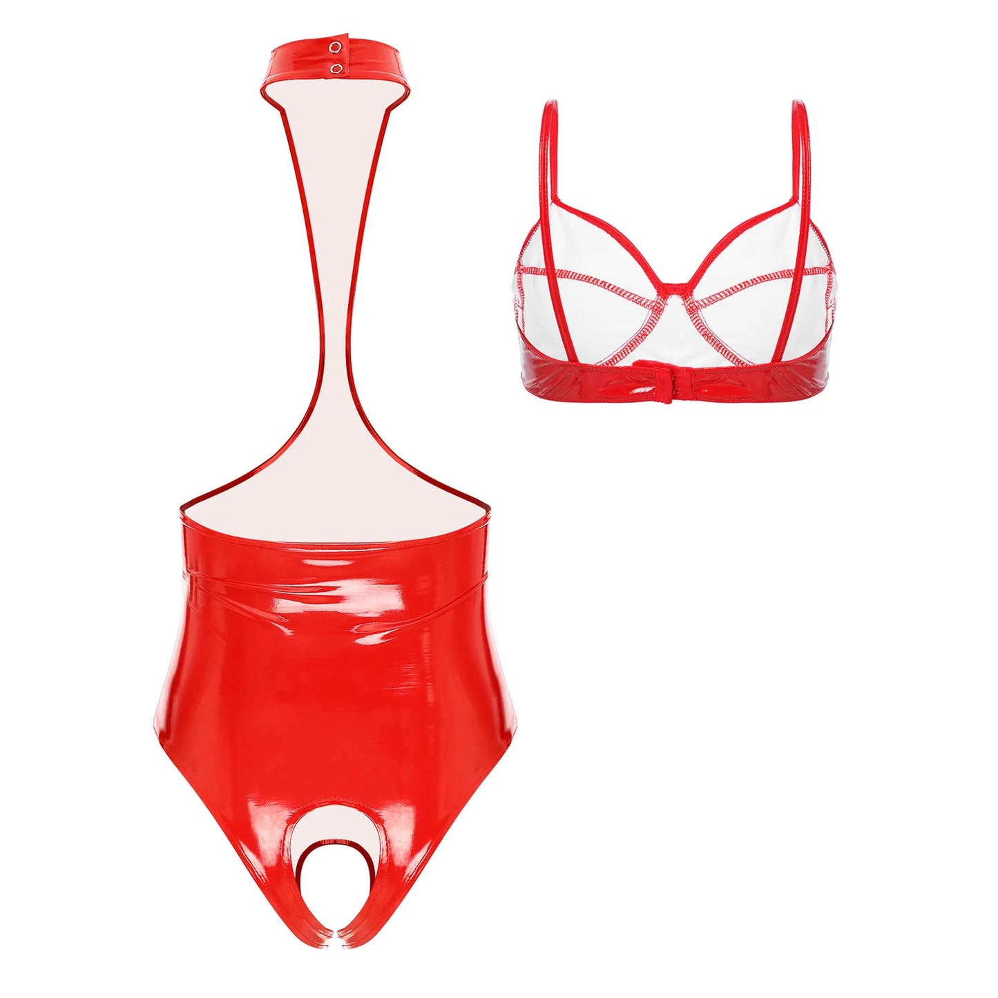 Womens Glossy Halter Cutout Crotchless Bodysuit And Bra Lingerie Set Open Chest Teddies Wet Look Faux Leather Rave Clubwear