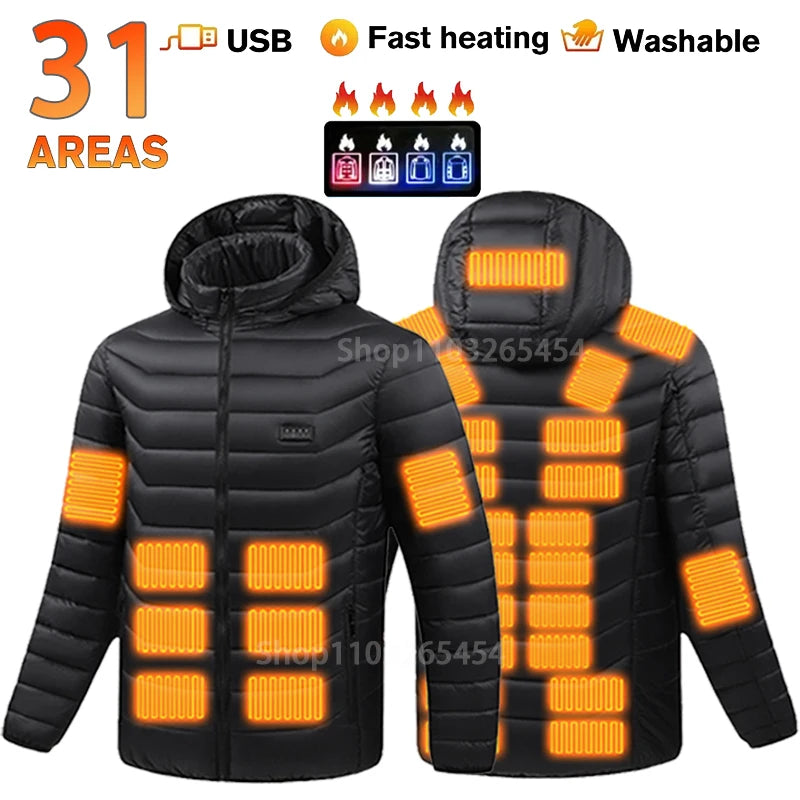 31 Areas Smart Switch USB Electric Heated Jacket Men Women Heated Jacket Waterproof Polyester Thermal Jacket Long Johns Winter