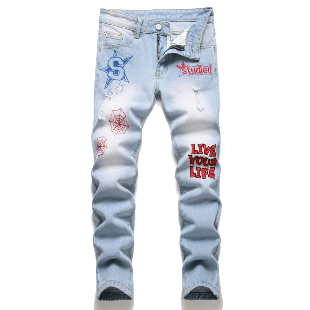 Boys' Cartoon Straight-leg Ripped Jeans Children Washed Non-stretch Denim Trousers Big Kids Casual Pants