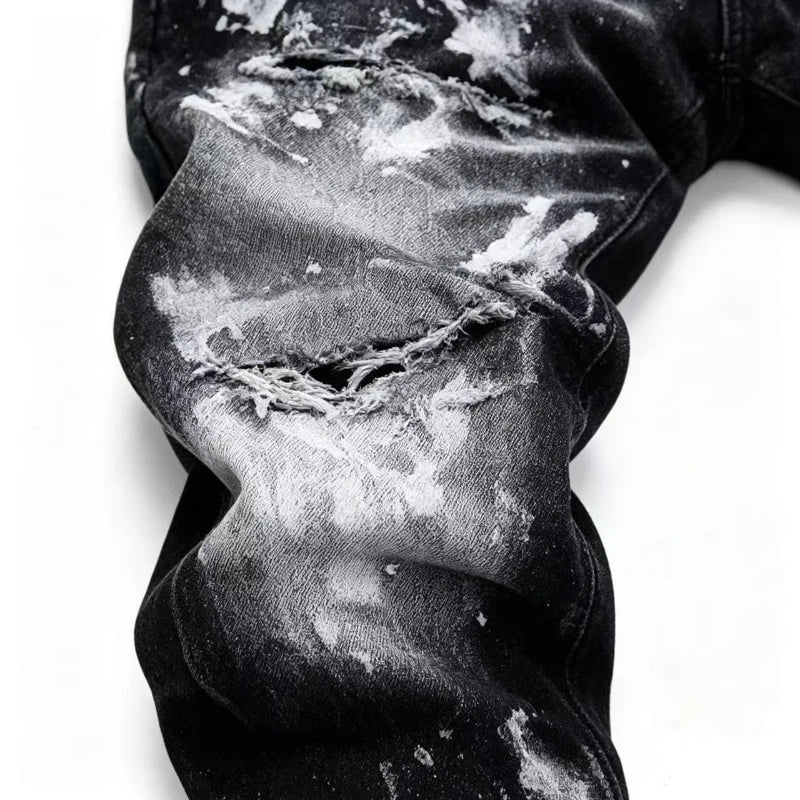 Men's Black Paint Splatter Distressed Jeans  High Stretch Ripped Slim Fit Streetwear Denim Pants Punk Graffiti Style Trousers