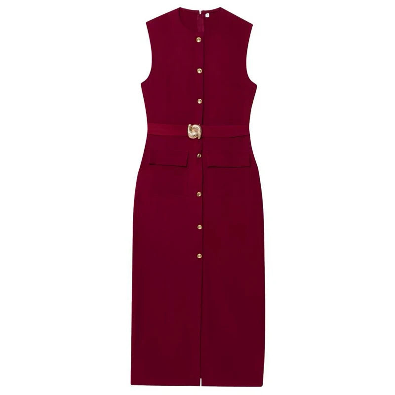 HXAO Red Black Women's Dress Sleeveless Casual Elegant Woman Party Dress Summer Belt Button Long Dresses Tank Midi Dress 088