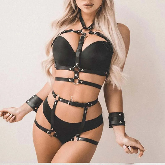 Women Sexy Body Harness Belt  Bondage Lingerie Garter Belt Leather Lingerie Leg Harness Punk Gothic Fetish Clothing