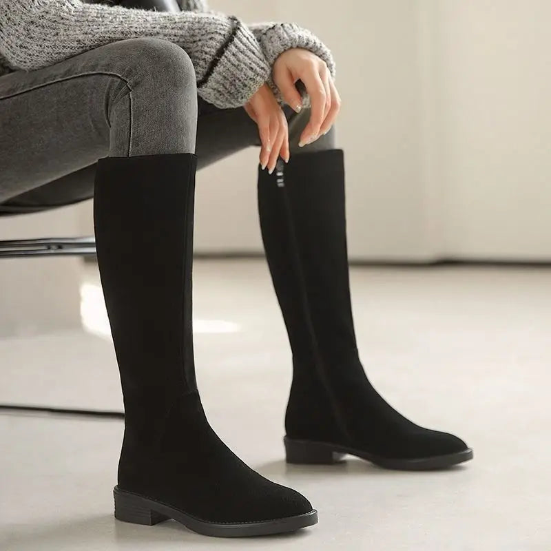 Suede Round Toe Elegant with Low Heels Fleece-Lined Ladies Knee High Shaft Shoes Autumn Winter Demi-season Women's Long Boots