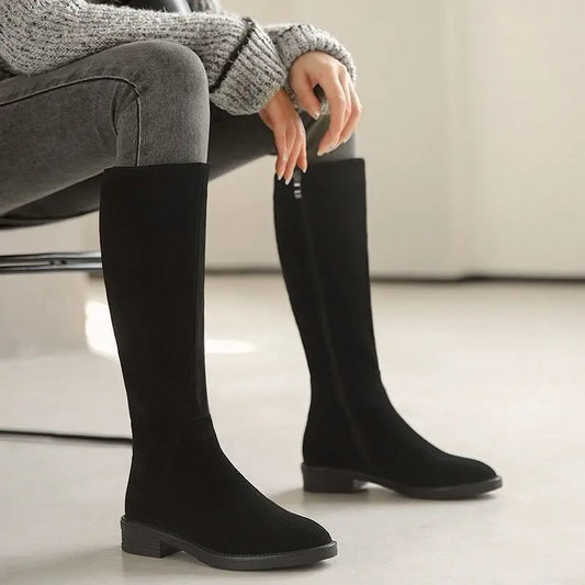 Suede Round Toe Elegant with Low Heels Fleece-Lined Ladies Knee High Shaft Shoes Autumn Winter Demi-season Women's Long Boots