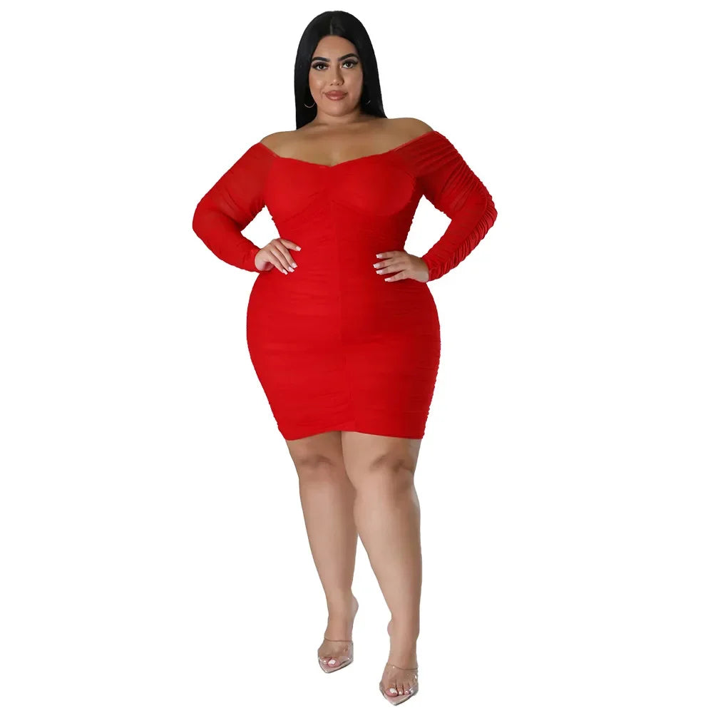Plus Size N7697 Autumn New Women's Dress Sexy Nightclub Style Wrap Chest Spliced Mesh Sleeves Covering Buttock Clothing