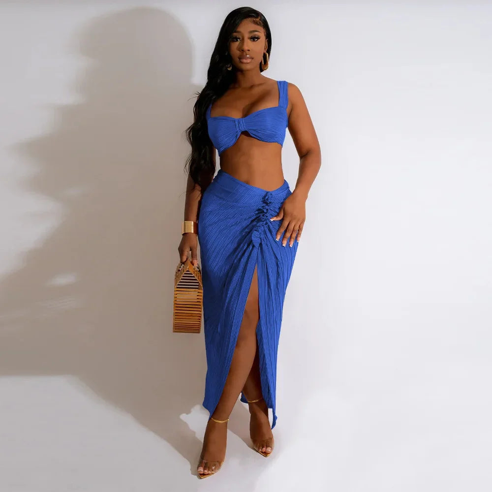 Beach Pleated Women 2 Piece Set Outfits  Summer Crop Top and Midi Ruffles Draped High Side Split Maxi Long Skirt Set