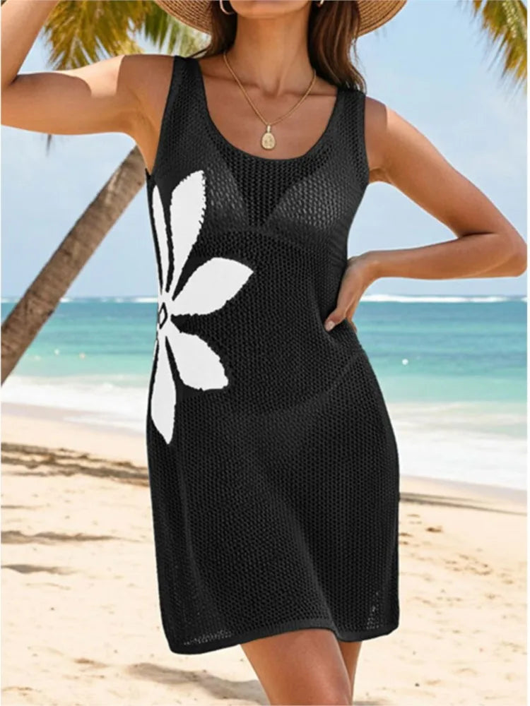 Sexy Women Knit Beach Dress Hollow-Out O-Neck Sleeveless Bikini Cover-Ups Dress Holiday Dress  Summer Swimwear Beach