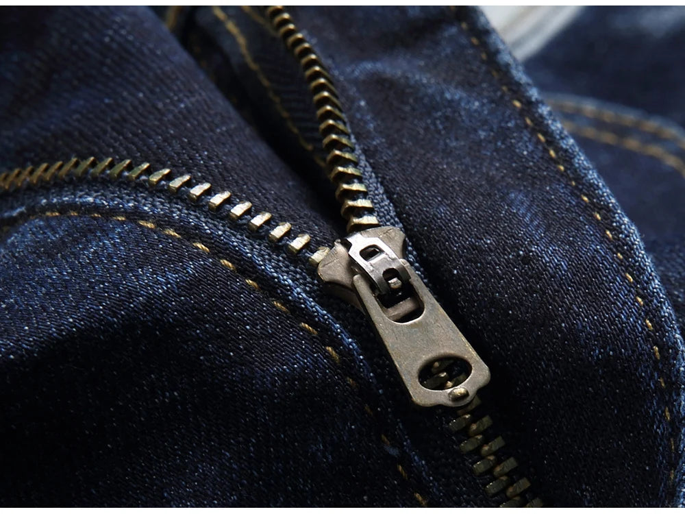 Men Patchwork Denim Jeans Holes Ripped Distressed Dark Blue Stretch Pants Casual Fringe Slim Straight Trousers