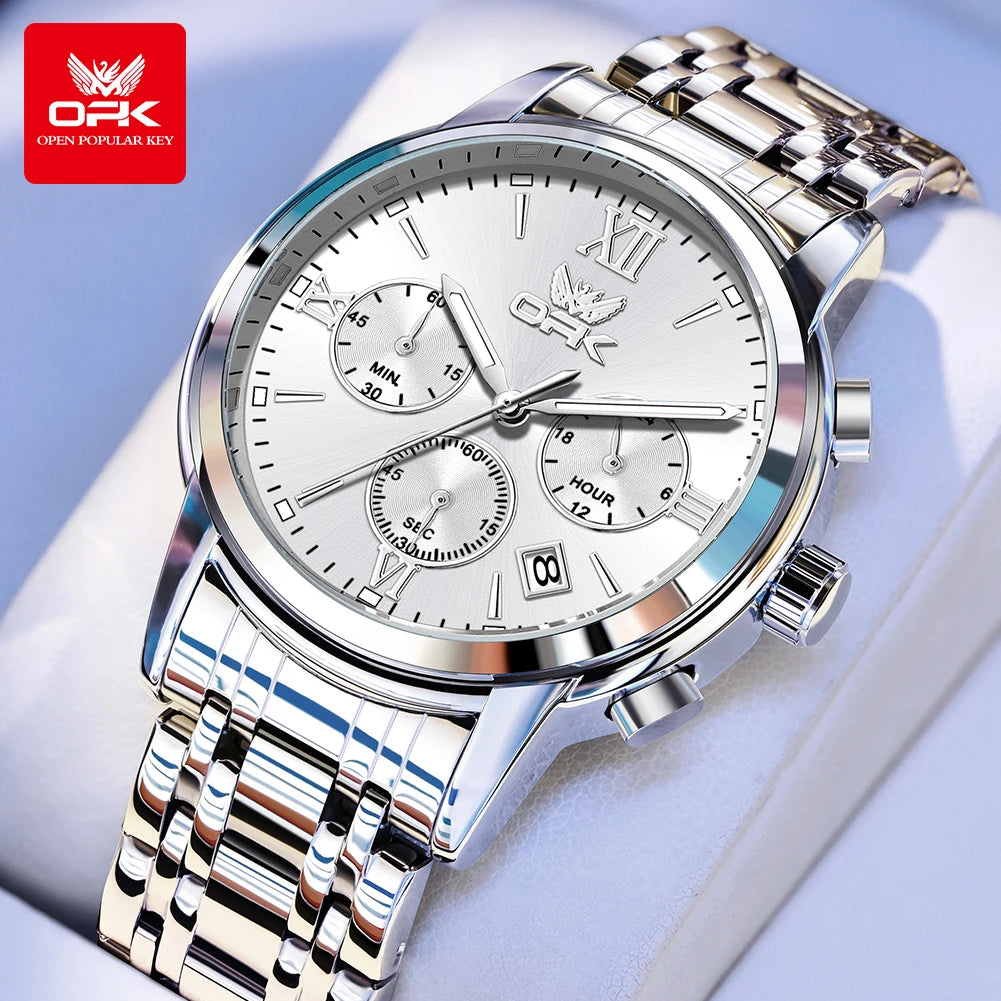 OPK Trendy classic three eye dial men's quartz watch waterproof genuine luminous men's watch for man chronograph date wristwatch