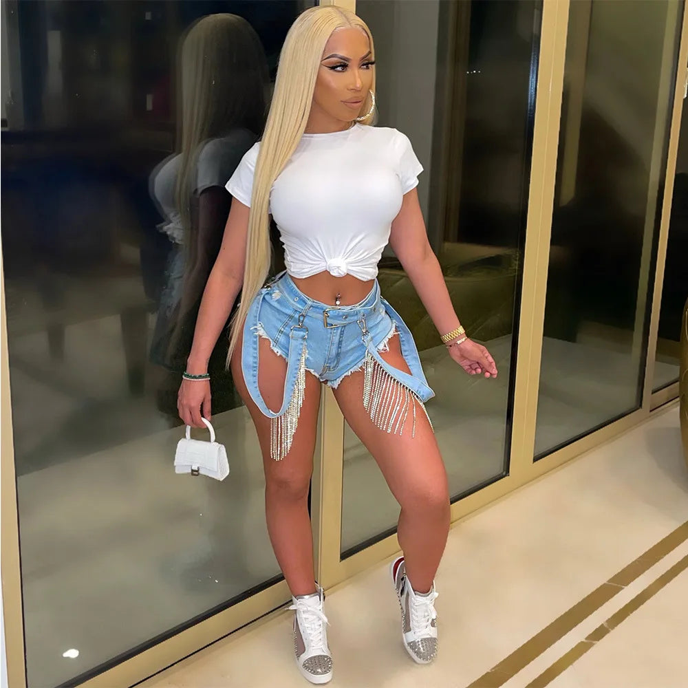 Prowow Fashion Diamond Tassel Damen Shorts Sommer Denim Superkurze Hose Neues Design Y2k Style Boutique Jeans für Party Club