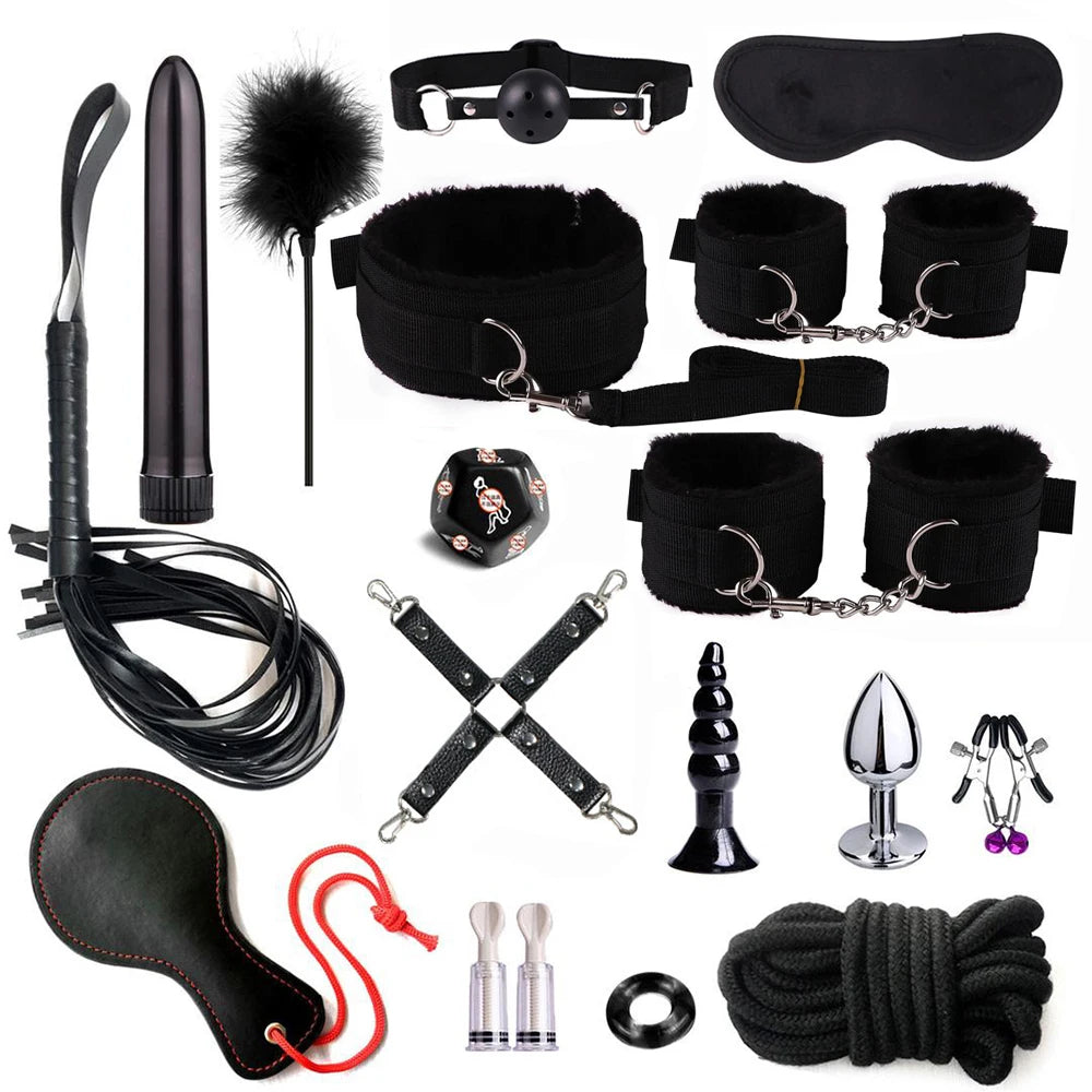 Hot Exotic Bed B+ndage Set B+SM Kits Exotic S*x Toys For Women  Adults Games Leather Handcuffs Whip Gag Nipple Clamps S*x