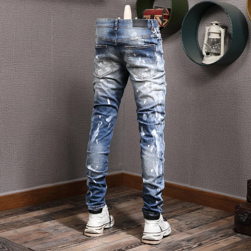 Retro Style Men's Slim Fit Jeans Distressed Hole Design Elastic Casual Long Pants Youth Trendy Street Style Straight Leg Jeans