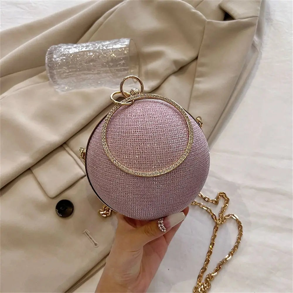 Elegant Circular Evening Bag Gold Bright Silk Rhinestone Decorative Chain Banquet Clutch Shoulder Bags Wedding Party