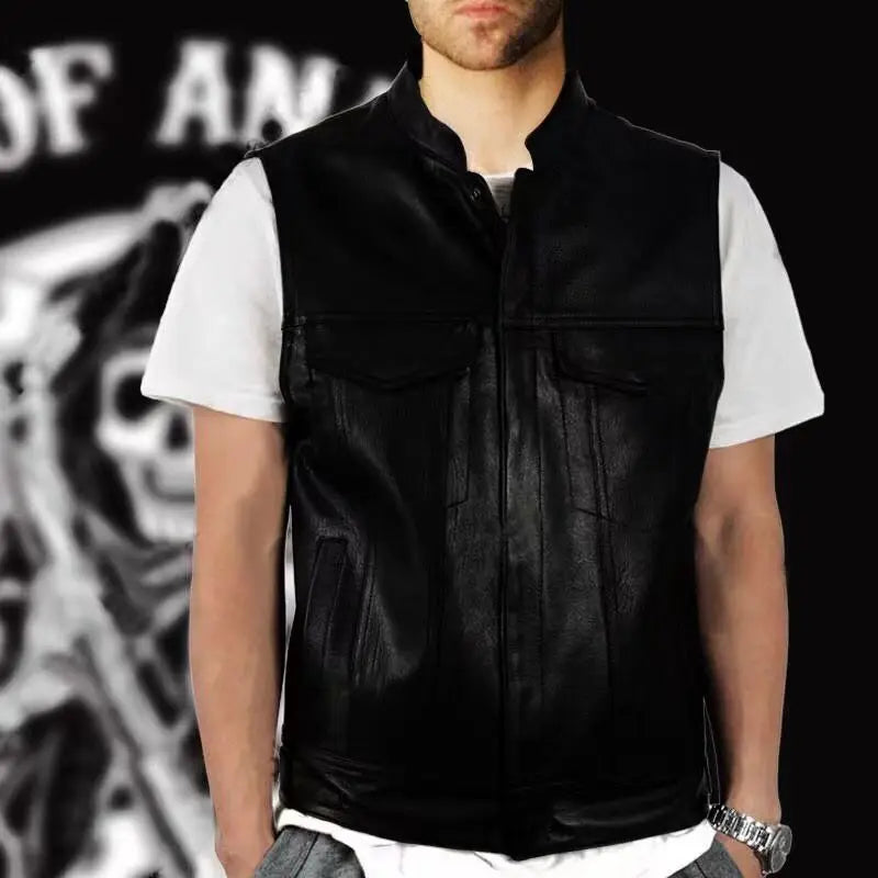 Son of Chaos in Motorcycle Style: Harley Motorcycle PU Leather Embroidered Vest Kam Shoulder Punk Fashion Leather Coat for Men