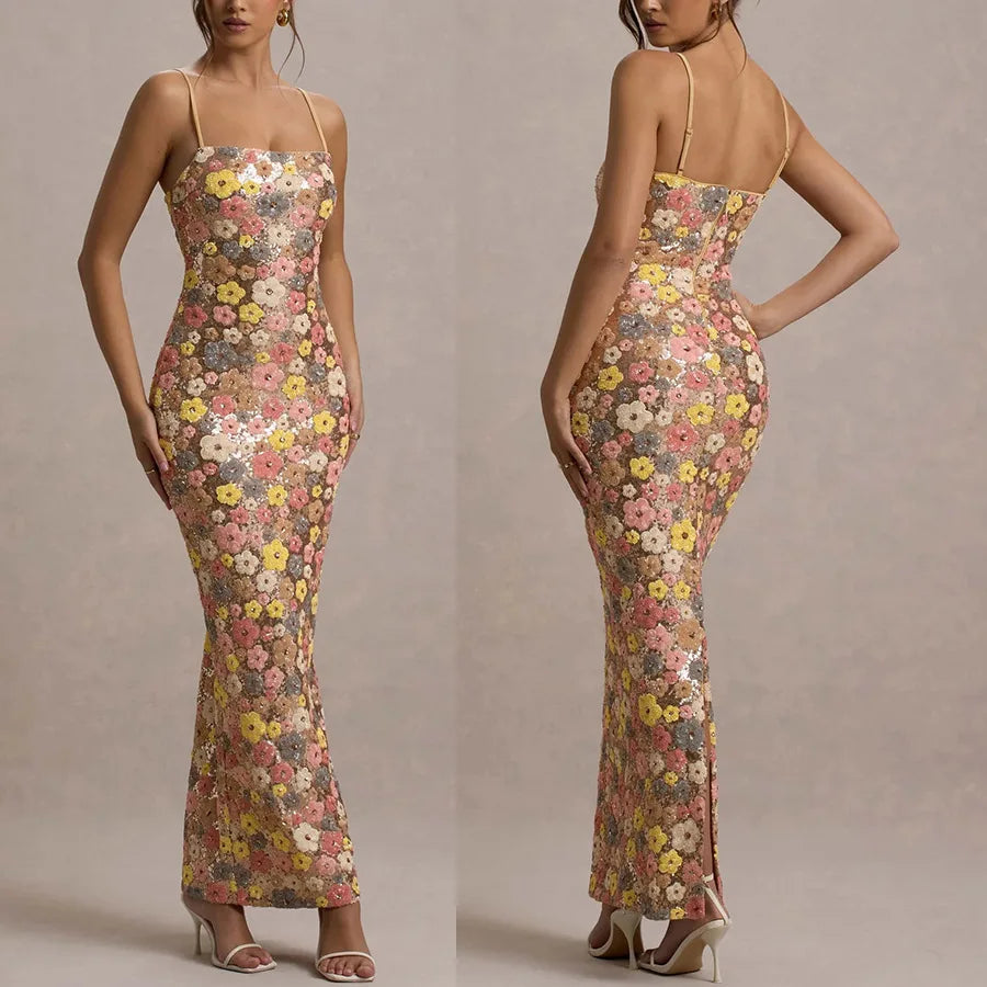 Summ Women Flowers Sequin Patchwork Slim Party Long Dress Strapless Fashion Maxi Dress, Sexy Sleeveless Ladies Dress Vestidos