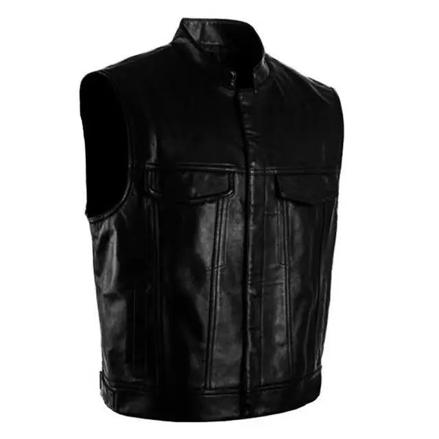 Son of Chaos in Motorcycle Style: Harley Motorcycle PU Leather Embroidered Vest Kam Shoulder Punk Fashion Leather Coat for Men