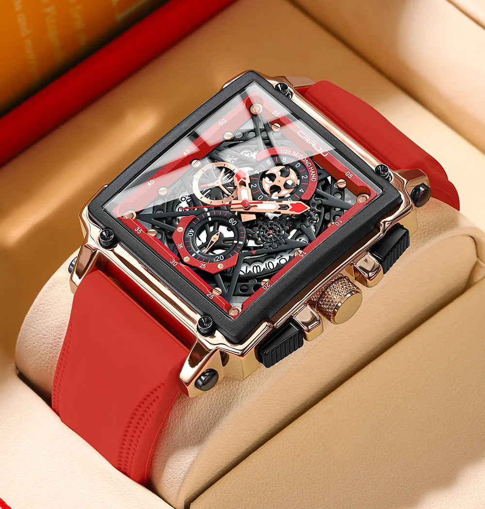 CRRJU Modische Sportuhren mit großem Zifferblatt, einzigartiges rechteckiges, hohles Design, Quarz-Armbanduhren mit Chronograph, automatisches Datum