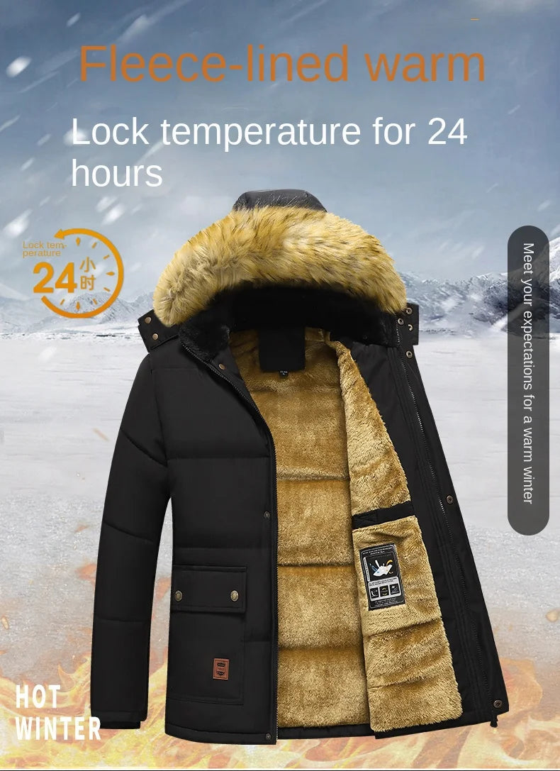 2024 neue Männer Winter Herbst Arbeit Outwearing Parka Schwarz Fleece Gefüttert Dicke Warme Mit Kapuze Pelz Kragen Mantel Männlichen Größe 5XL Plüsch jacke