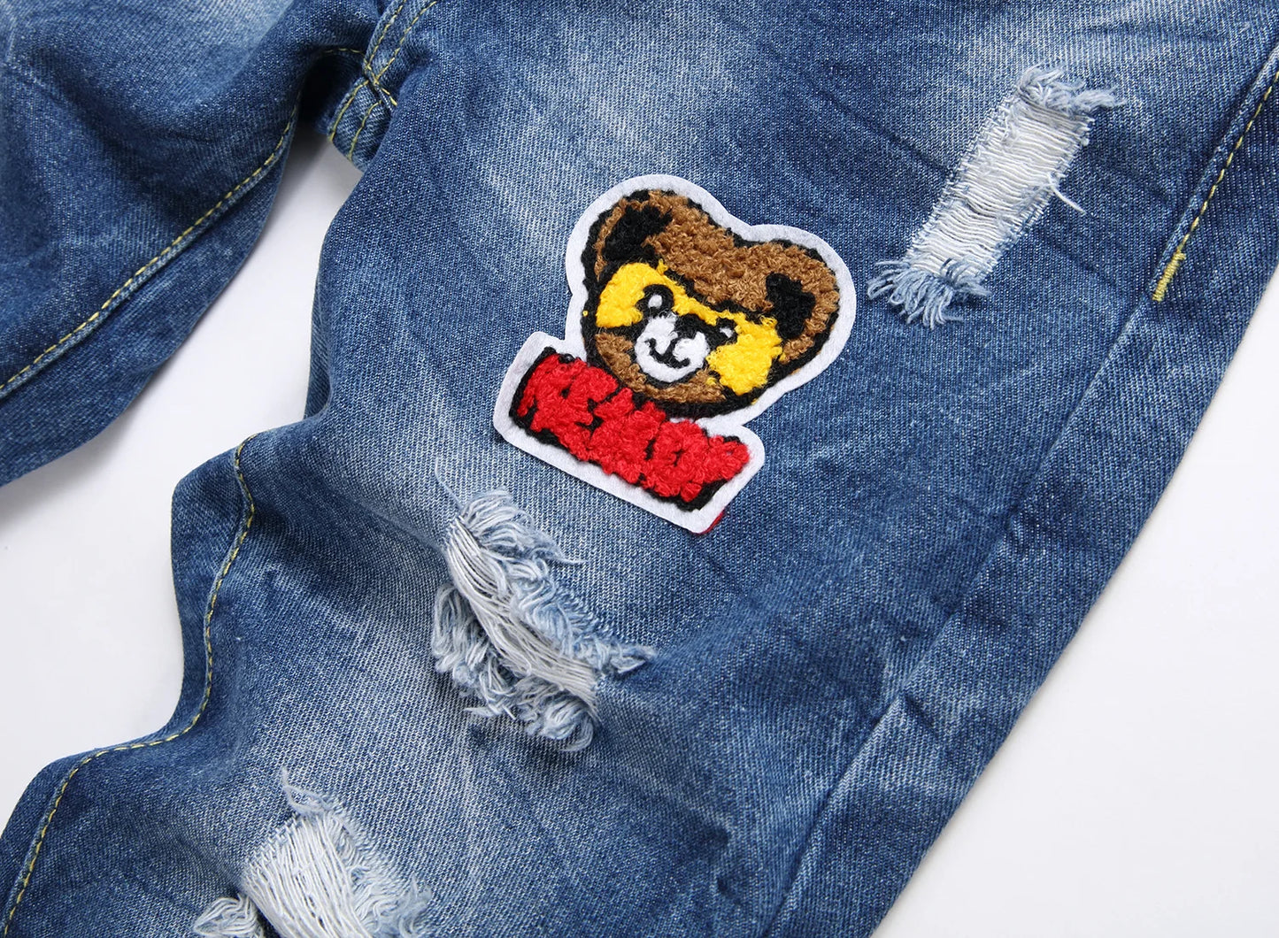 Boys' Cartoon Straight-leg Ripped Jeans Children Washed Non-stretch Denim Trousers Big Kids Casual Pants