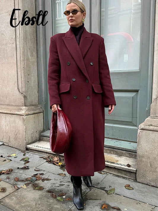 Wine Red Woolen Coats With Scarf Women Elegant Full Sleeve Double Breasted Long Overcoat 2025 Autumn Winter New Lady Streetwear