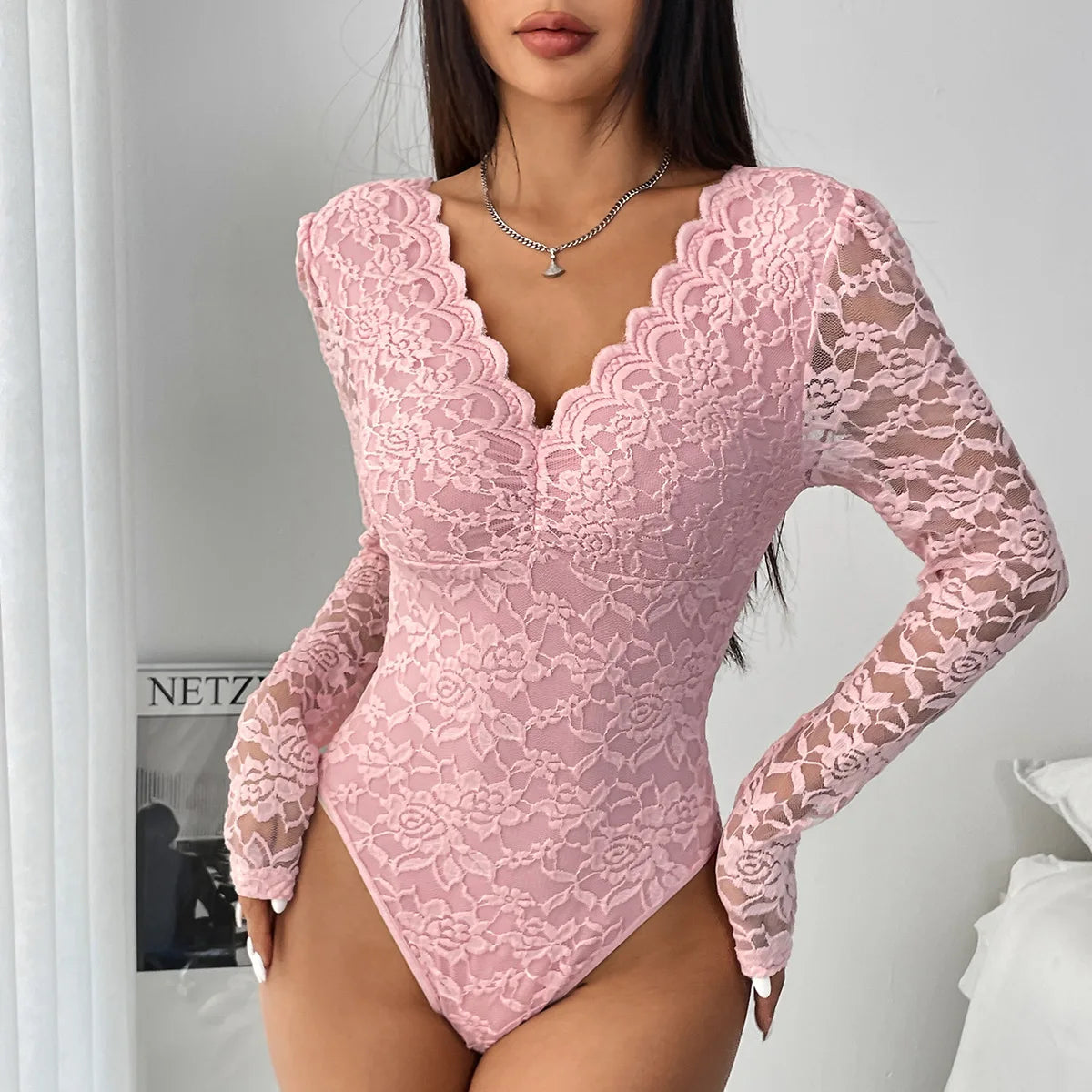 Women's Jumpsuit Onesie Lace Long Sleeve Perspective Embroidery Black V-neck Slim White Base Shirt Red Bodysuit