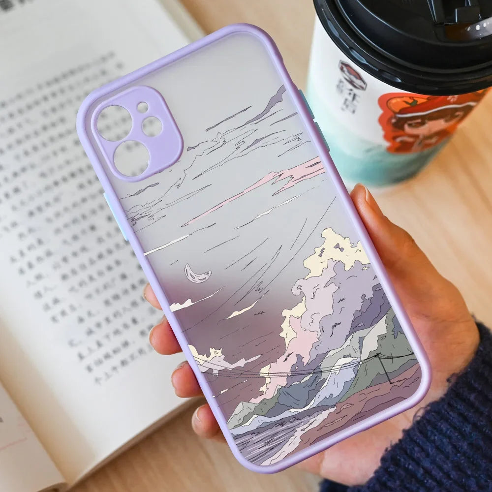 Japan Anime Landscape Phone Case For iPhone 16 15 11 13 12 14 Pro Max Mini 7 8 Plus SE 16E Scenery Hard Matte Cover Fundas Skin