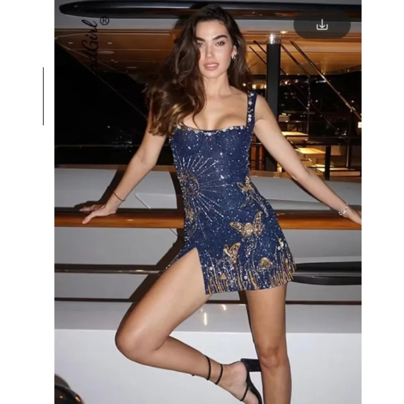 Sexy Sequin Party Dress Women Halter Side Split Slim Hip Package A-line Short Dresses Female 2025 Summer New Evening Robes Lady