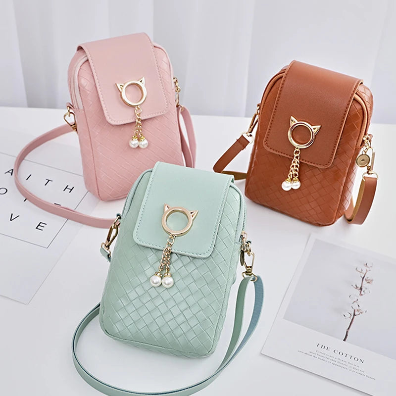 1PC Mini Cross-body Mobile Phone Shoulder Bag Women Fashion Woven Pearl Tassel Cover-style Female PU Leather Small Purse Clutch
