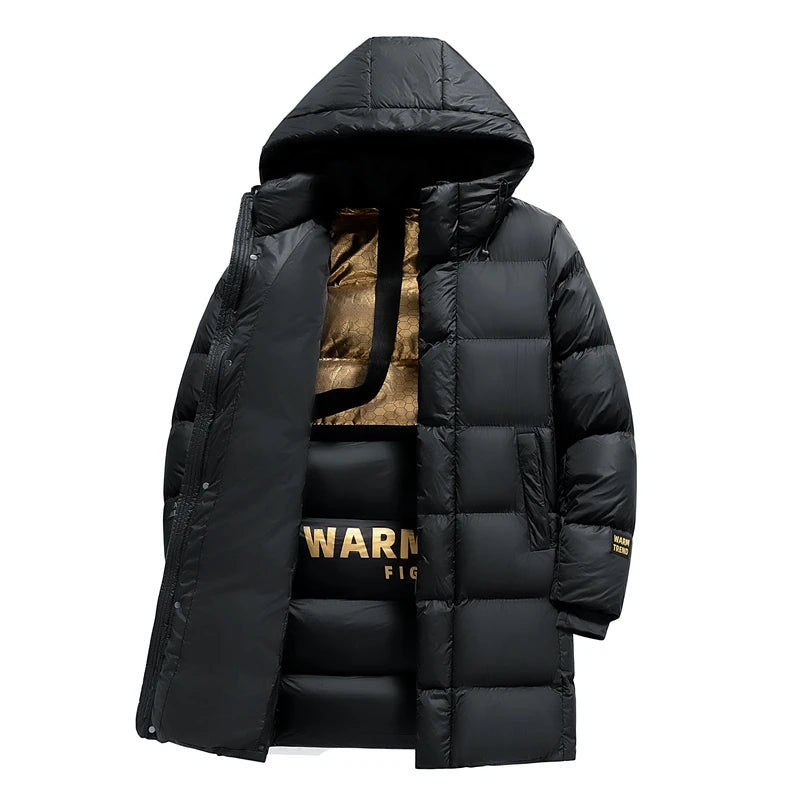 Black Color Men Mid Length Cotton Padded Coat Winter Fashion Hip Hop Streetwear Hong Kong Style Solid Color Hooded Jacket