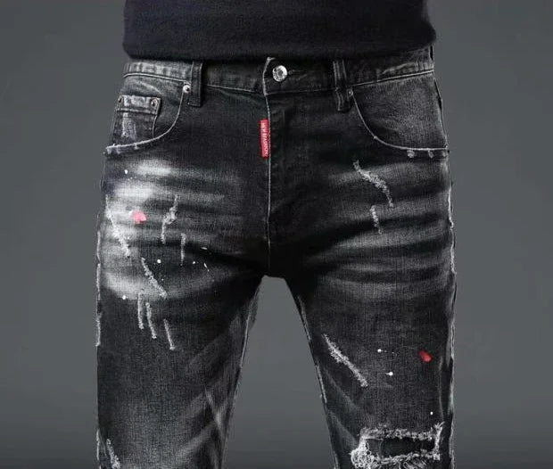 Trousers Ripped Torn Patch Man Cowboy Pants Slim Fit with Holes Men's Jeans Tight Pipe Skinny Broken 2025 Korean Autumn Goth Xs