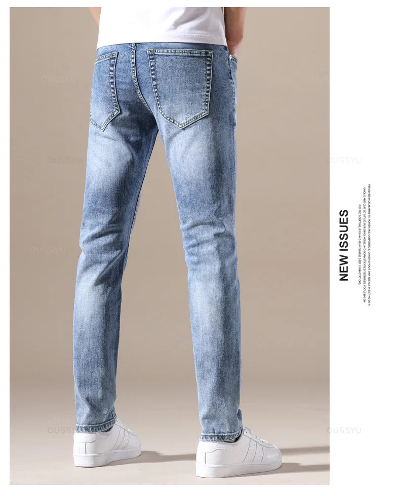 Clothing Jeans Men High Quality Stretch Light Blue Denim Fashion Pleated Retro Pocket Skinny Trousers Pants 28-40