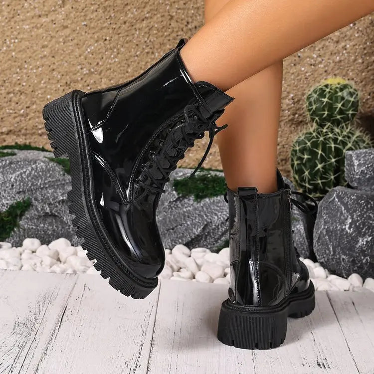 Fall and Winter Thick Bottom Riding Boots Waterproof Platform Lacing Fashion Women's Boots Green Black Large Size 42