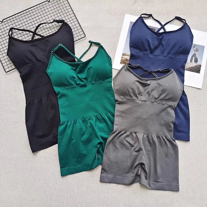 Women's Yoga Jumpsuit, Sexy One-Piece Fitness Romper with Strap, Tummy Control & Padded Sports Bra for Workout