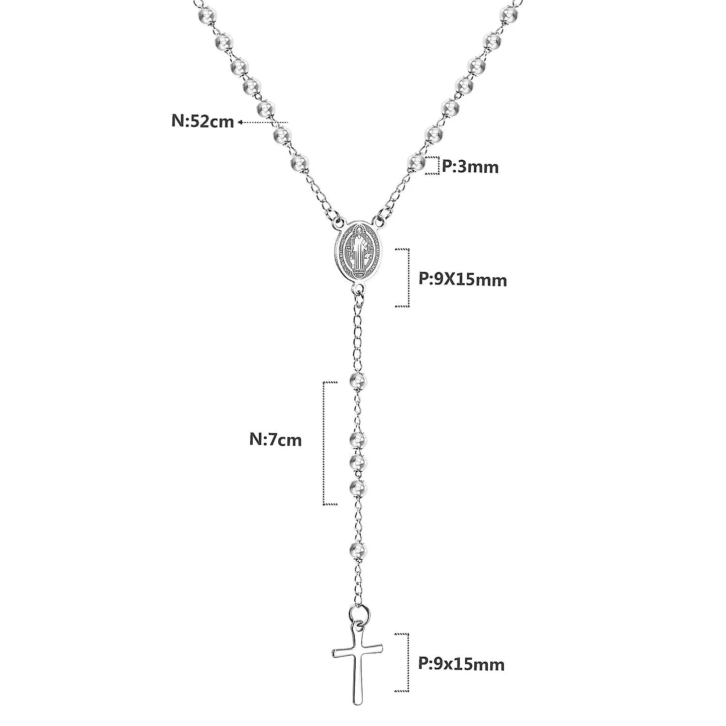 LUXUSTEEL Stainless Steel Long Necklace Virgin Mary Cross Pendant with 35cm+15cm Extender Bead Chain Jewelry