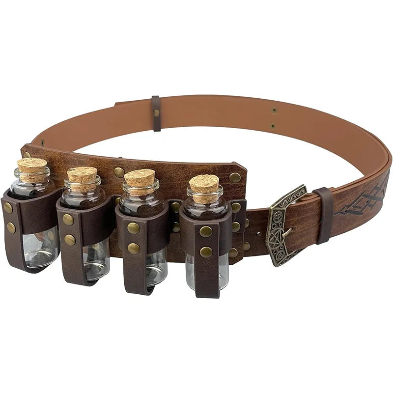 1PC/2pcs medieval Pu leather belt and 4 Cork vials set fantasy witch potion bottle belt relief alchemy Halloween LARP