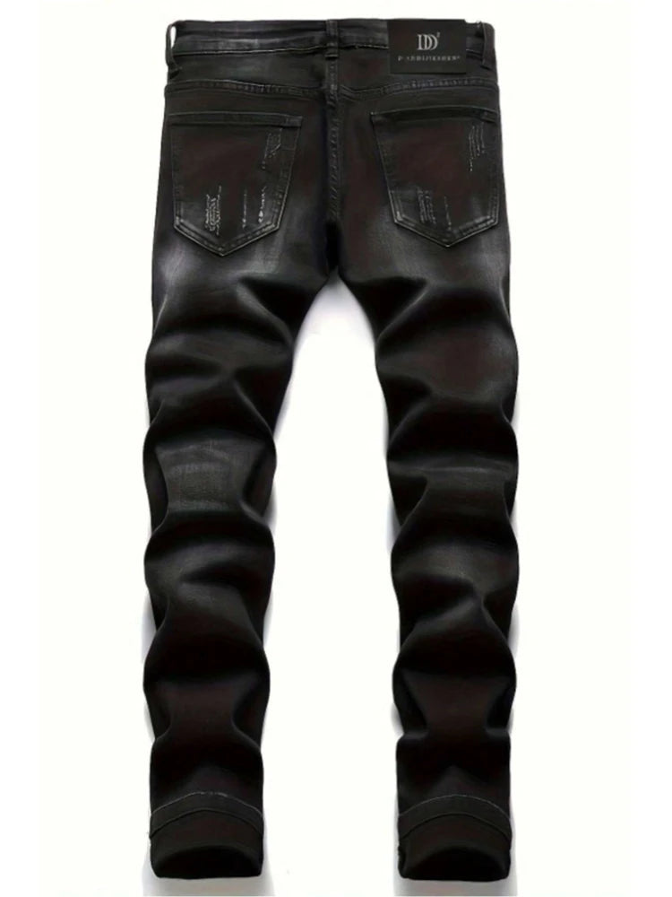 Men's Black Distressed Jeans Skull Patch & Embroidery Letter Print Slim Fit Stretch Denim Pants Street Fashion Biker Trousers