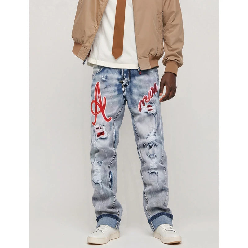 Men's Hip-Hop Style Distressed Holes Jeans Wash Ripped Pants with Red Embroidered Patches Casual Trendy Streetwear Trousers